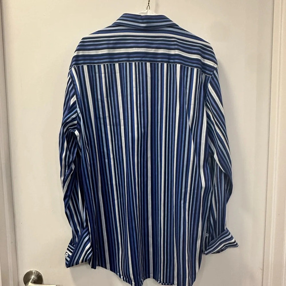 Men Bugatchi Shaped Fit Long Sleeve - Blue Stripped Shirt - Picture 2 of 8
